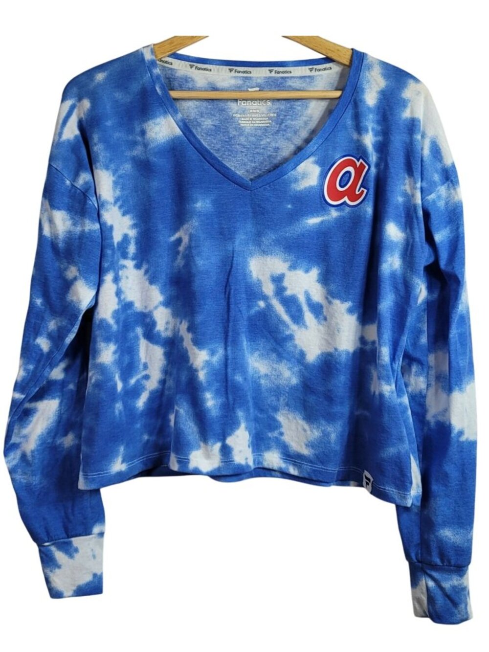 Fanatics Womens Atlanta Braves Logo Crop TShirt Blue Med Long Sleeve VNeck VTG